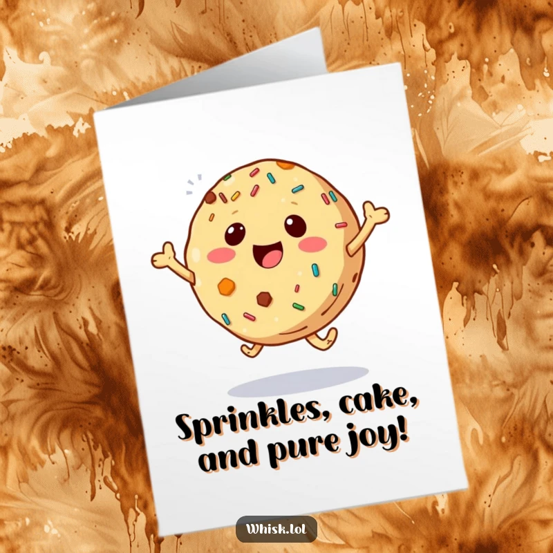 Funny Free Printable Birthday Card: A cheerful cookie with sprinkles leaping joyfully, perfect for a fun celebration.