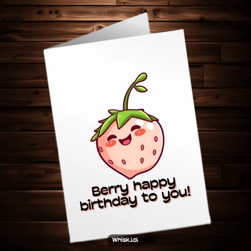 Funny Free Printable Birthday Card: A jubilant strawberry with a jaunty stem, spinning gigglingly and spreading birthday cheer.