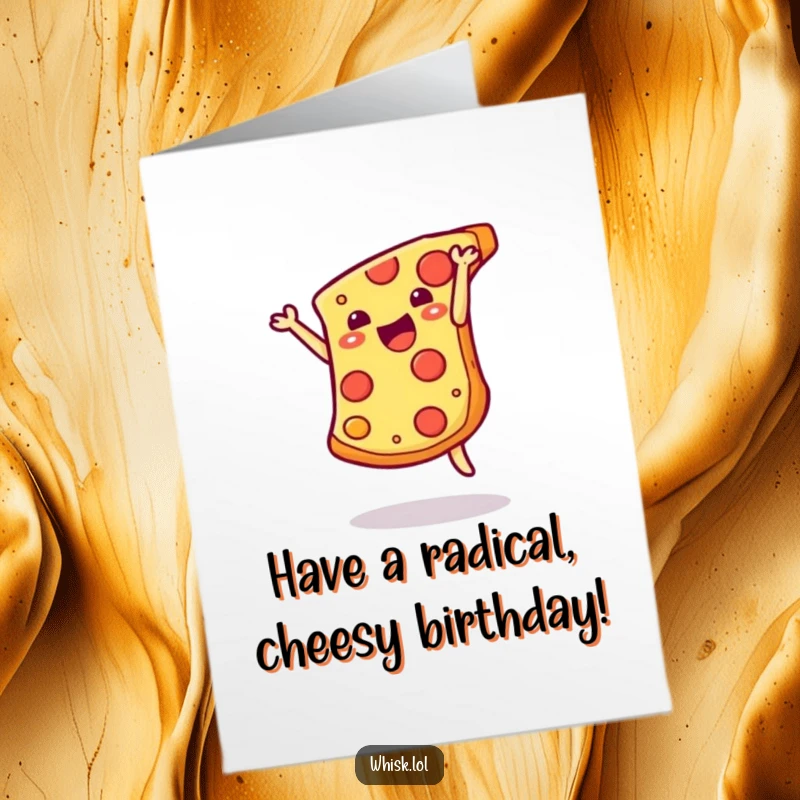 Funny Free Printable Birthday Card: A grinning slice of pizza performing a joyful somersault, celebrating with cheesy enthusiasm.