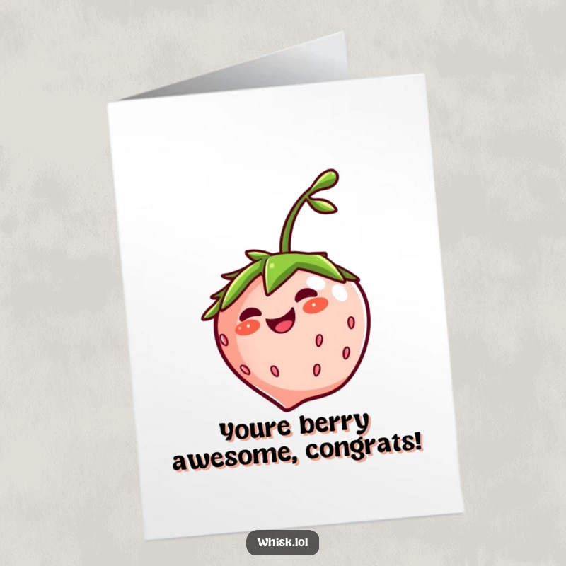 Funny Free Printable Congratulations Card: A gleeful strawberry with a jaunty stem, spinning with delight to mark a happy occasion.
