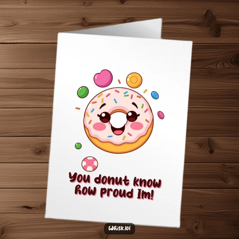 Funny Free Printable Donut Congratulations Card: A smiling, sprinkle-covered donut expertly juggling candies, celebrating your sweet success with style.
