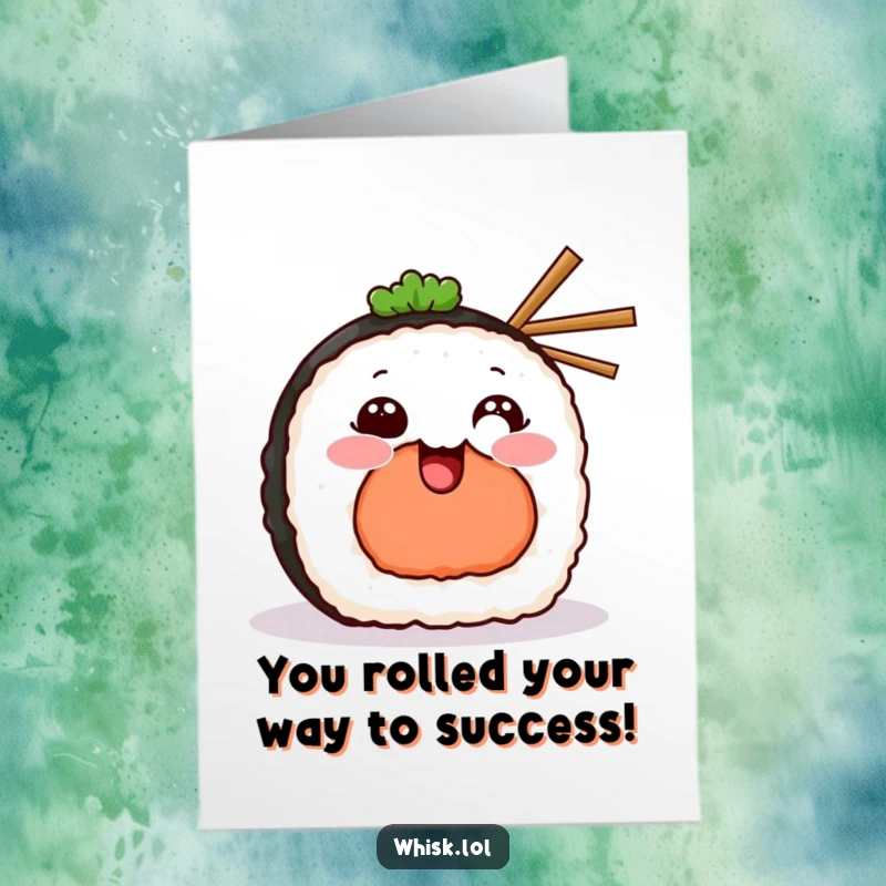 Funny Free Printable Congratulations Card: A grinning sushi piece expertly wielding tiny chopsticks, celebrating a win.