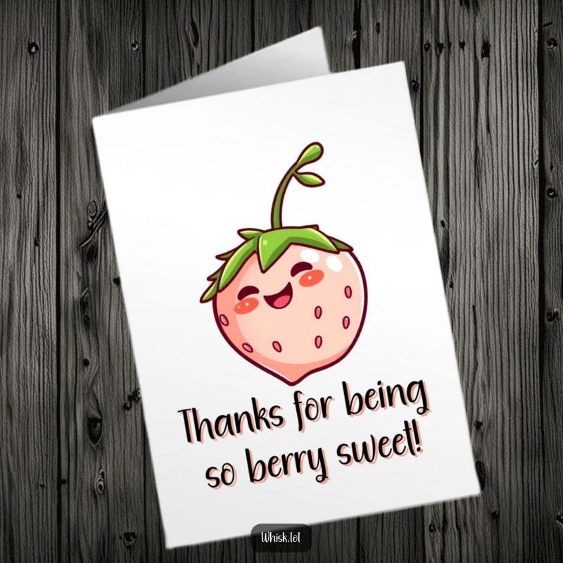 Funny Free Printable Thank You Card: A giggling strawberry with a jaunty stem, spinning circles to express cheerful thanks.