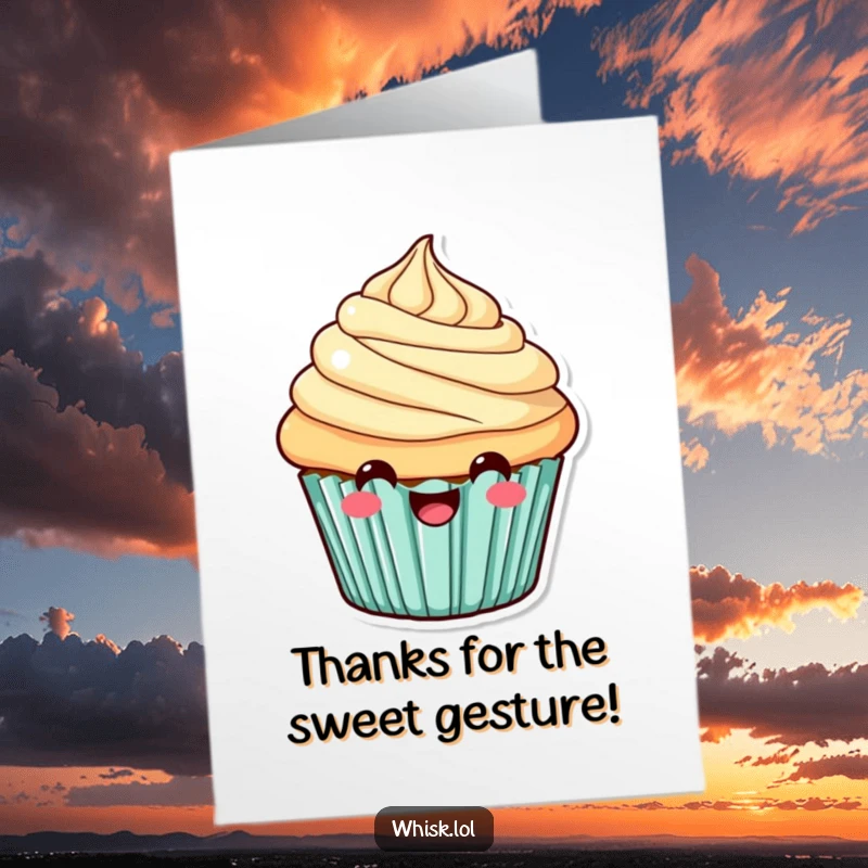 Funny Free Printable Thank You Card: A joyful cupcake with generous frosting, expressing thanks with a wide grin.