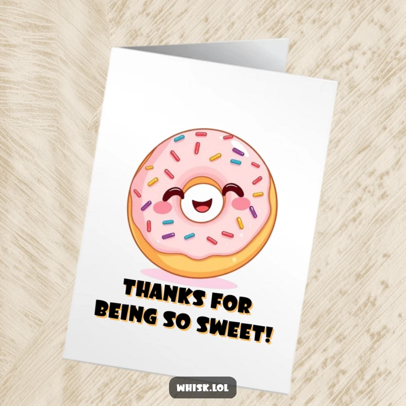 Funny Free Printable Thank You Card: A happy donut with vibrant, wiggling sprinkles, offering thanks with a smile.