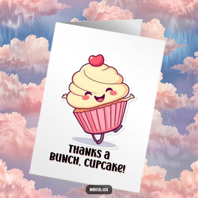 Funny Free Printable Cupcake Thank You Card: A cheerful cupcake doing a playful cartwheel, expressing thanks with energetic and sweet enthusiasm.