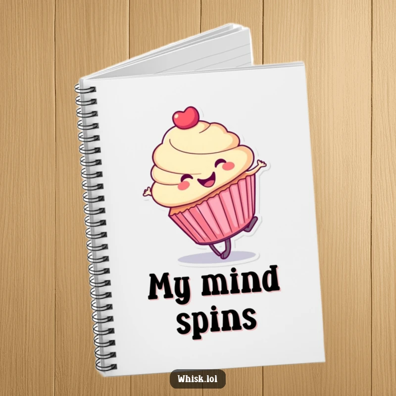Funny cupcake cartwheel notebook cover, vibrant and dynamic, perfect for jotting down playful thoughts.