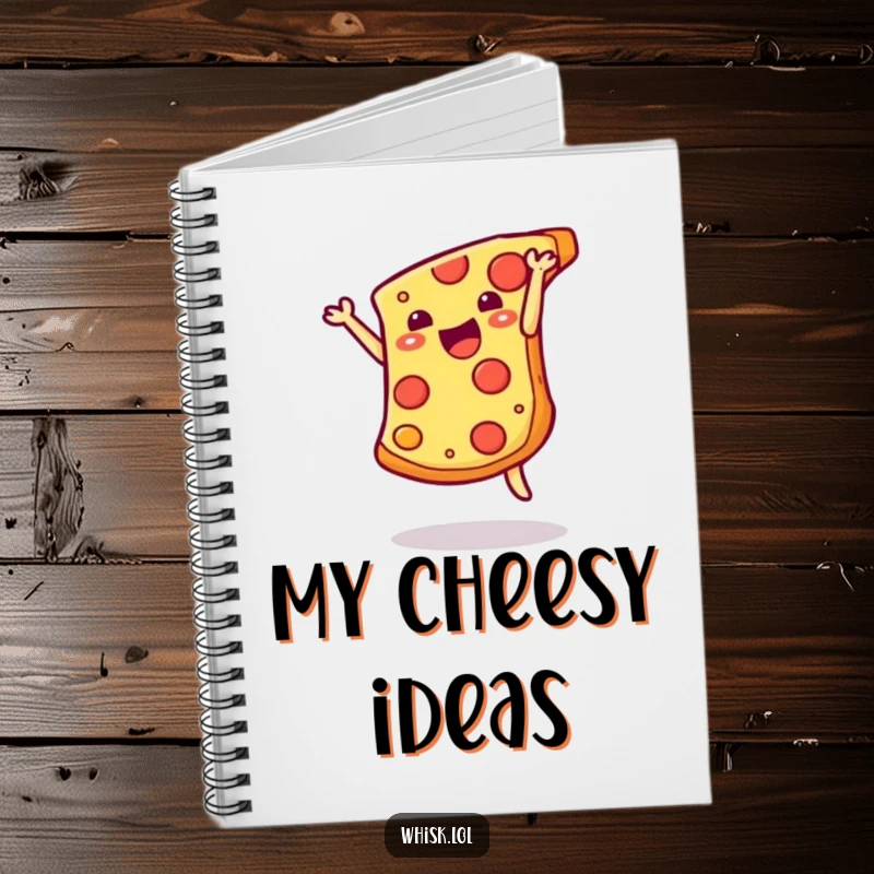 Funny pizza slice performing a happy somersault on a notebook cover, inspiring creative and cheesy ideas.