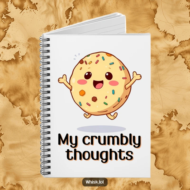 Funny bouncing cookie with sprinkles on a notebook cover, inspiring creativity and joy for note-taking.