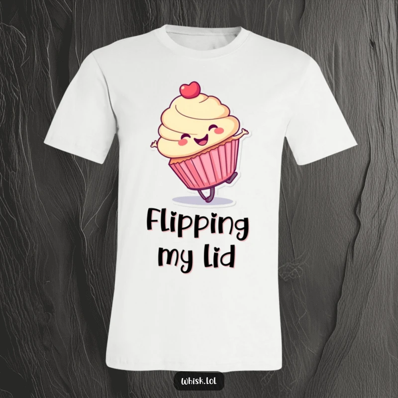 Funny cupcake t-shirt, performing a cartwheel with glee, radiating a joyful and energetic vibe.