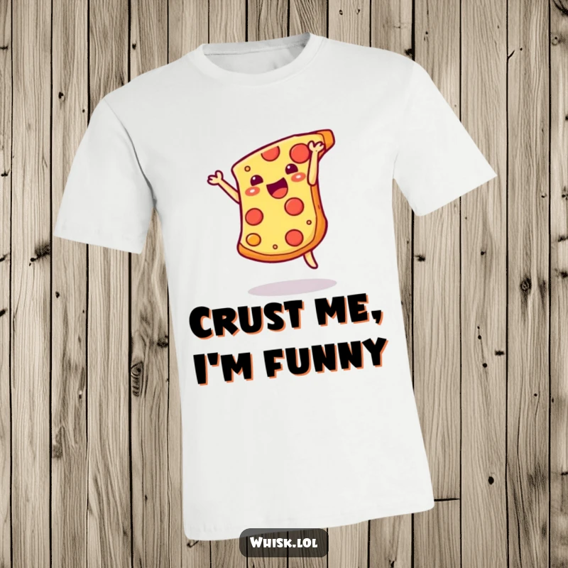 Funny pizza slice doing a joyful somersault on a t-shirt, celebrating cheesy goodness and playful energy.