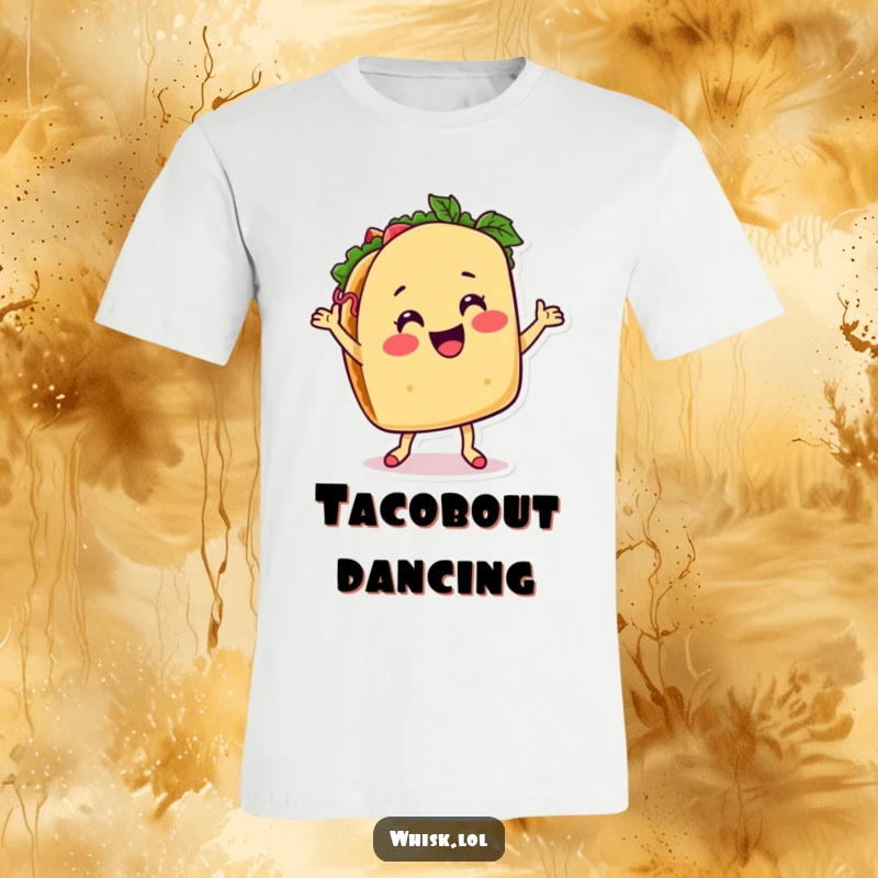Funny taco t-shirt, dancing joyfully with salsa, radiating a spicy and celebratory vibe.