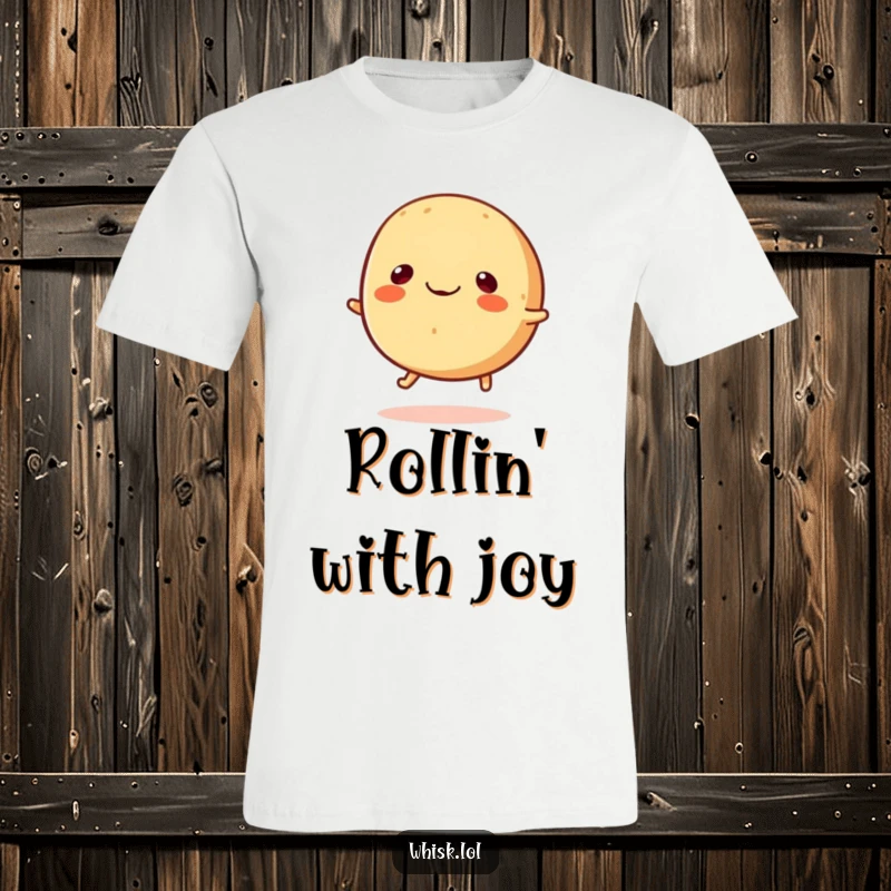 Funny round bread roll with tiny legs happily bouncing on a t-shirt, conveying pure joy.