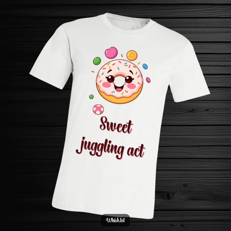 Funny donut t-shirt, energetically juggling candies, embodying pure joy and sugary fun.