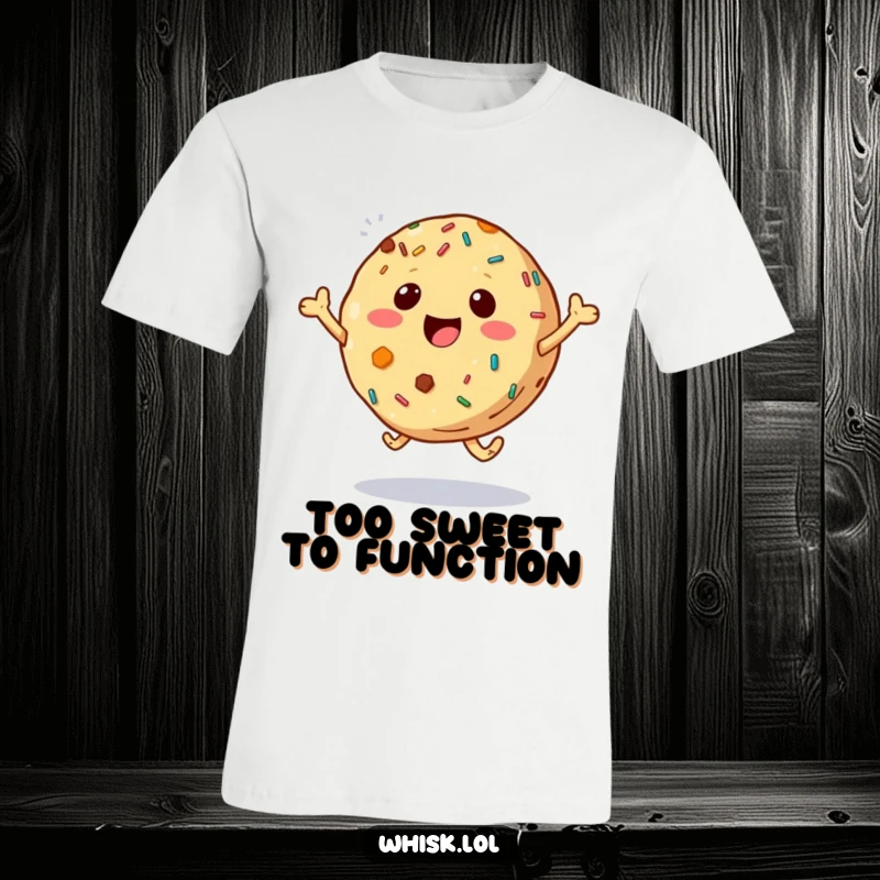 Funny leaping cookie with colorful sprinkles on a soft t-shirt, spreading happiness and cheer with every wear.