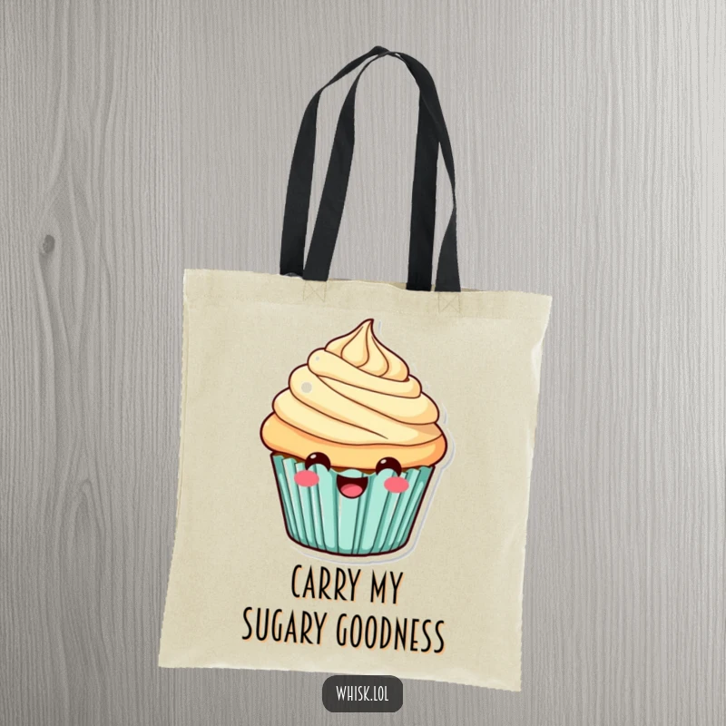 Funny Tote Bag designed with a joyful cupcake, its swirled frosting and beaming smile brightening up any outing.