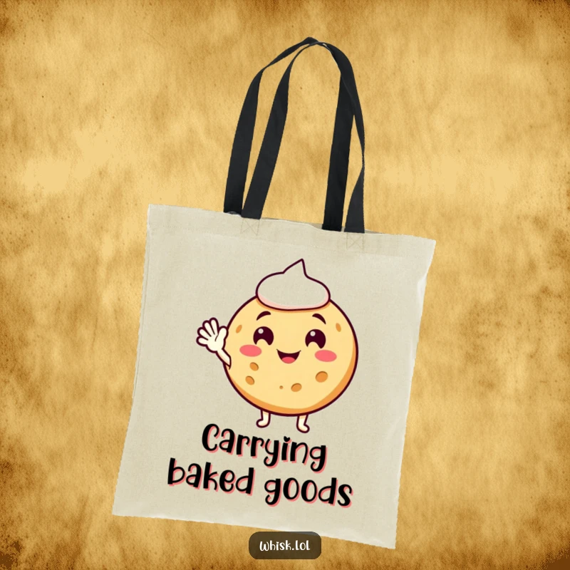 Funny cookie tote bag, cheerfully waving, a sweet and mobile piece of humorous art.