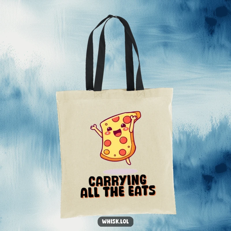 Funny pizza slice doing a happy somersault on a tote bag, a cheerful and practical accessory for pizza lovers.
