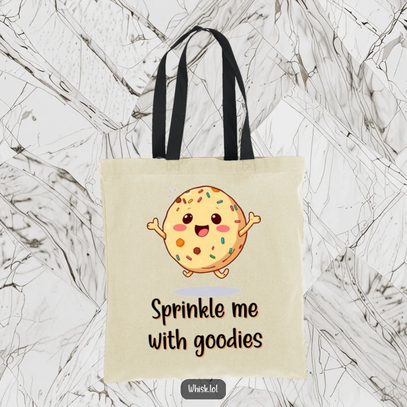 Funny cookie with sprinkles leaping energetically on a durable tote bag, a cheerful and practical accessory.